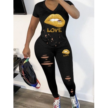 

LW Leisure Lip Print Black Two-piece Pants Set