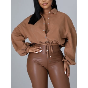 

LW BASICS Drawstring Snap Button Blouse, Khaki