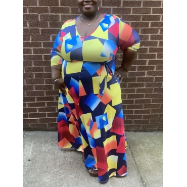 

LW Plus Size V Neck Color Block Patchwork Dress, Multi