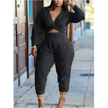 

LW Plus Size Twist Front High-waisted Pants Set, Black