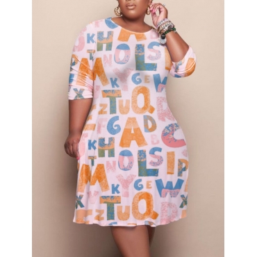 

LW Plus Size Round Neck Letter Print Dress, Light pink