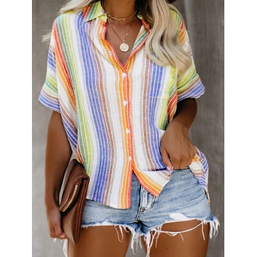 

LW Plus Size Turndown Collar Striped Blouse, Multi