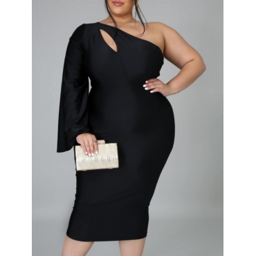 

LW BASICS Plus Size Trendy One Shoulder Hollow-out Black Mid Calf Dress