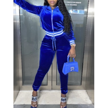 

LW Velvet Striped Drawstring Tracksuit Set, Blue