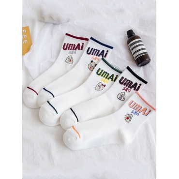 

LW COTTON 5pairs Embroidered Letter Striped Socks, Multi