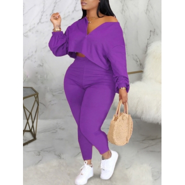 

LW Plus Size Zipper Design CropTop Pants Set, Purple