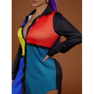 

LW Color Block Patchwork Button Shirt Dress, Blue