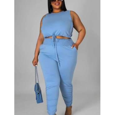 

LW Plus Size Drawstring Shirred Pants Set, Baby blue