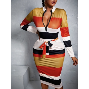 LW Trendy Striped Zipper Design Yellow Mid Calf Dress от Lovelywholesale WW
