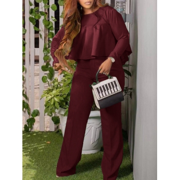 

LW Plus Size Fold Design Crop Top Pants Set, Wine red