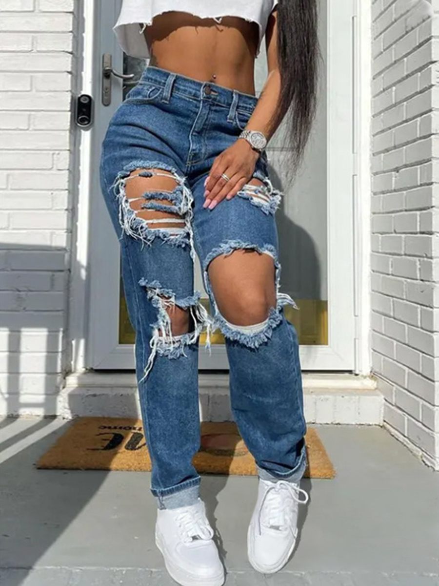 LW BASICS Raw Edge Ripped Jeans (No Stretch)