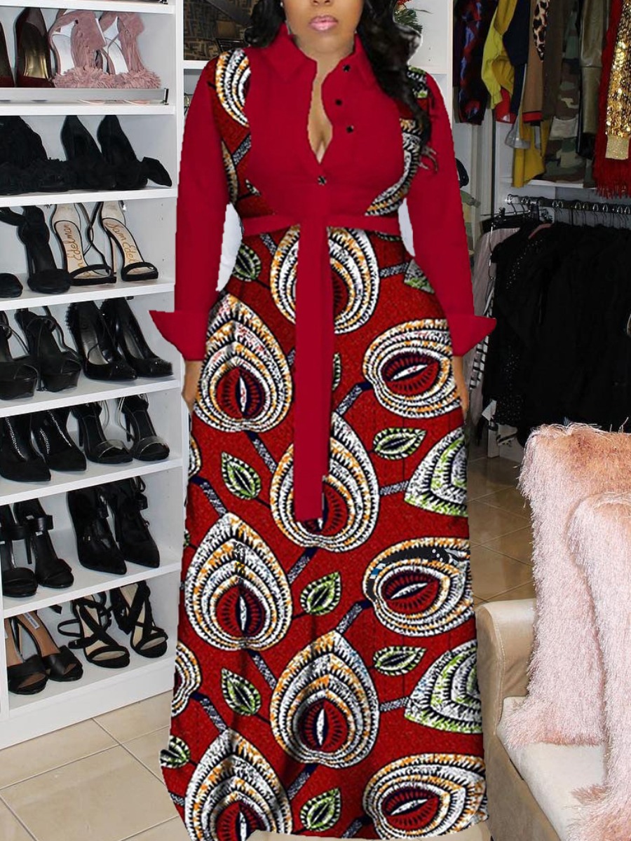 

LW Lip Print Button Bandage Design Dress, Wine red