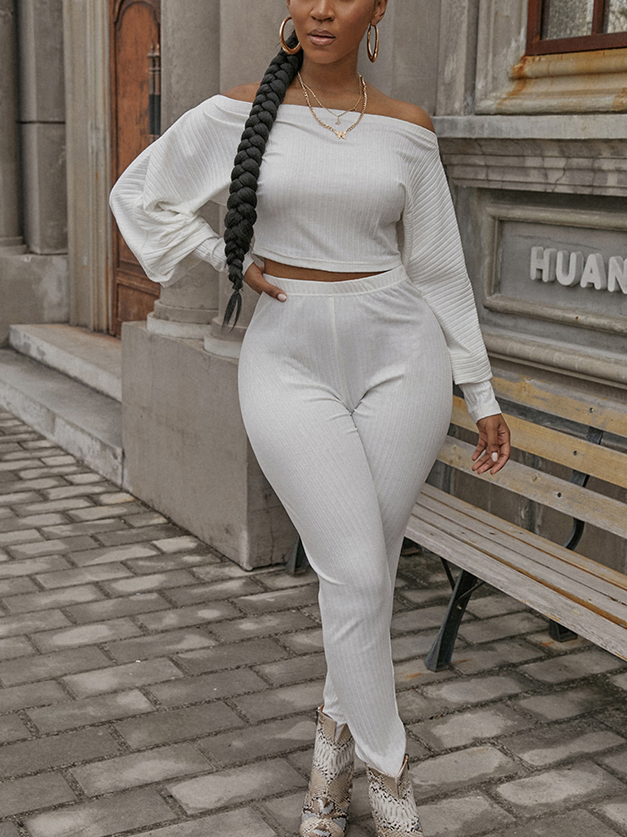 

LW Cotton Lantern Sleeve Crop Top Pants Set, White