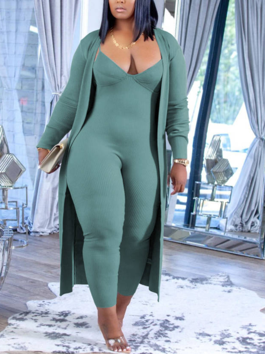 

LW Rib Knit Open Front Cami Jumpsuit Set, Green