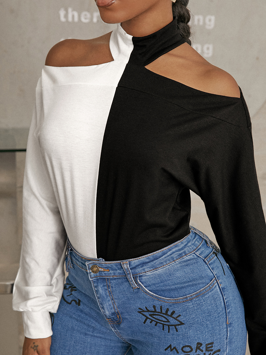 

LW Cotton Cold Shoulder Patchwork Blouse, Black and white