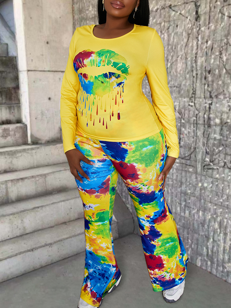 

LW Plus Size Lip Print Tie Dye Pants Set, Multi