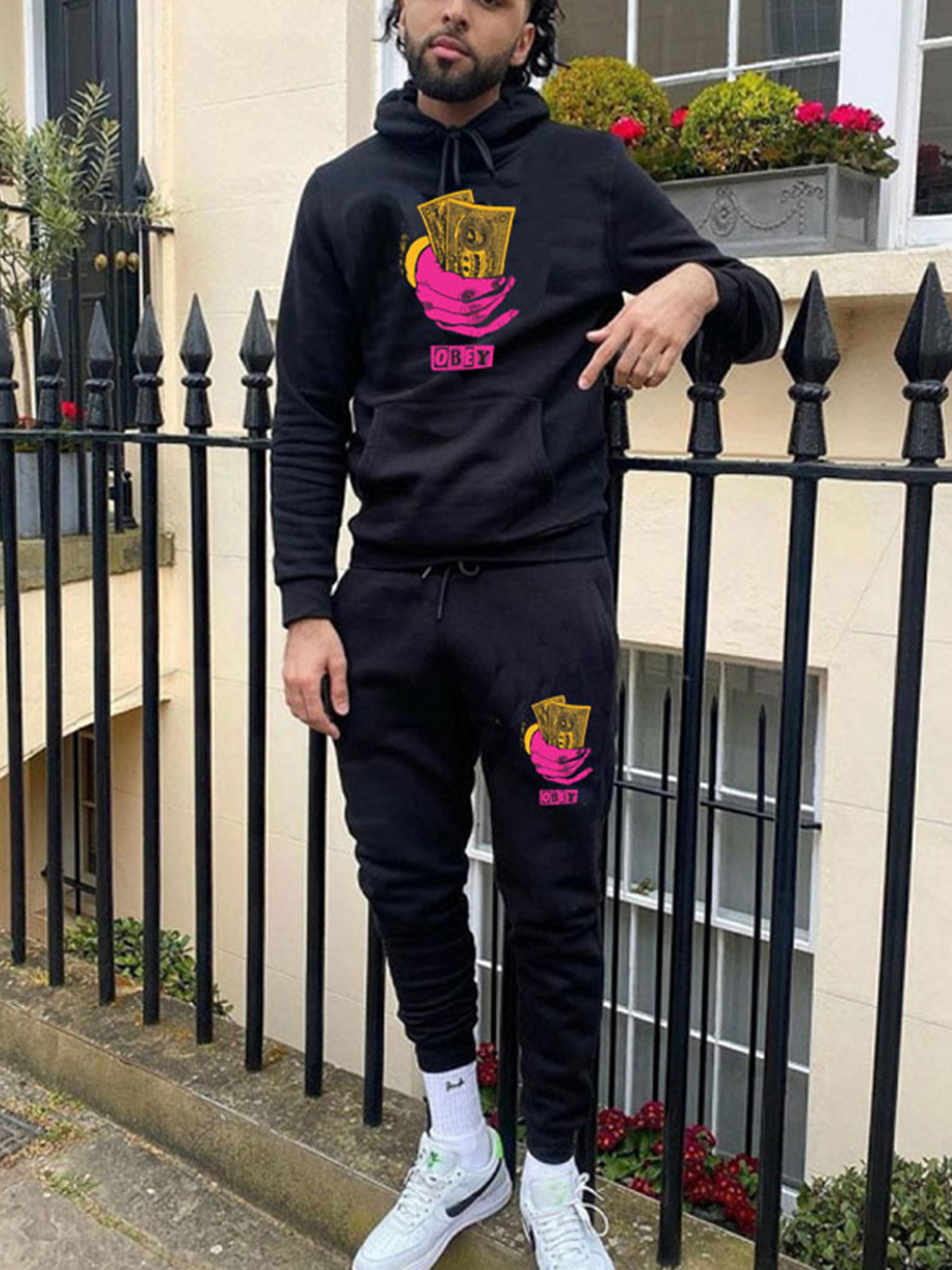 

LW Men Letter Money Print Tracksuit Set, Black