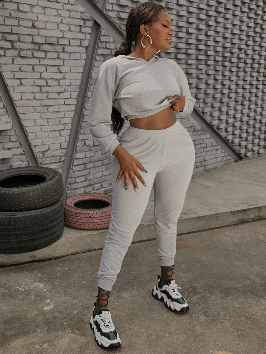 LW Hooded Collar Crop Top Pants Set