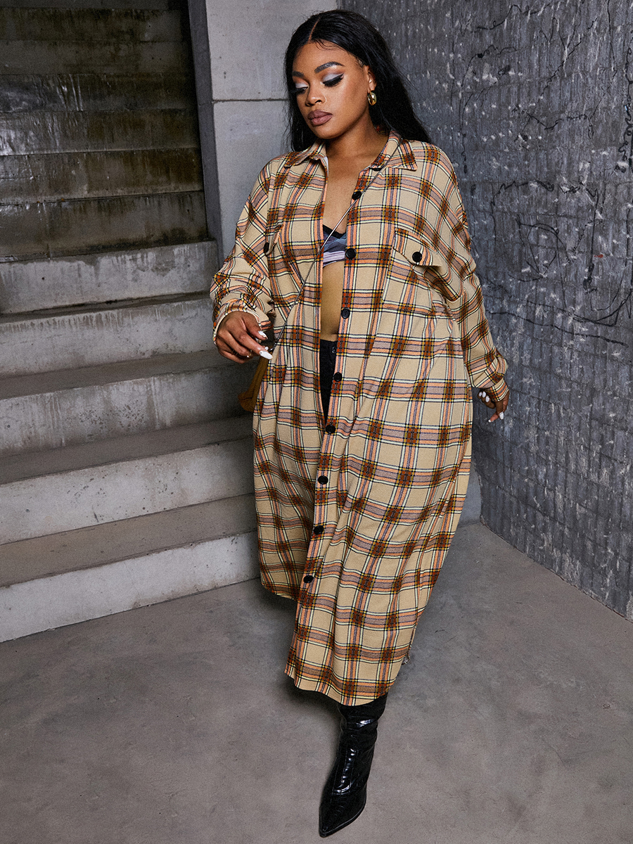 

LW BASICS Plus Size Button Design Plaid Coat, Khaki