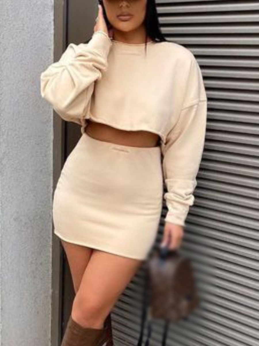 

LW BASICS Crop Top Solid Skirt Set, Beige