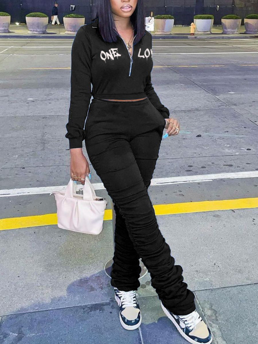 

LW Cotton Zipper Design Ruched Crop Tracksuit Set, Black