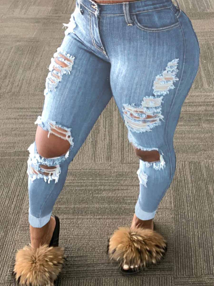

LW Plus Size High Waist Medium Stretchy Ripped Skinny Jeans, Baby blue