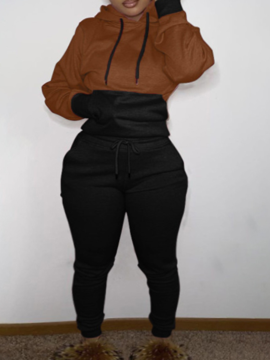 

LW Plus Size Drawstring Patchwork Tracksuit Set, Coffee