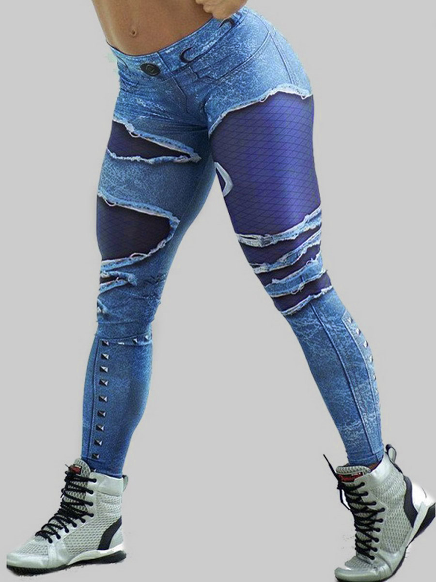

LW Rivet Decoration Ripped Leggings, Multi
