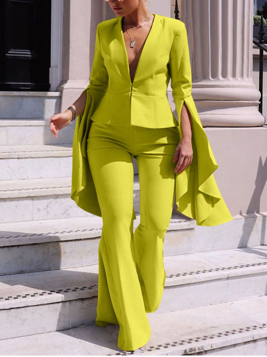 

LW Plus Size Ruffle Split Blazer Set, Yellow