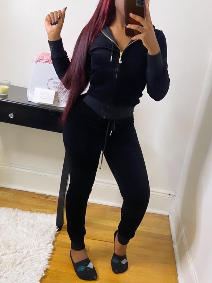 

LW Hooded Collar Zipper Design Tracksuit Set, Black