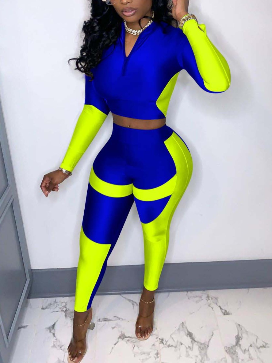 

LW Zipper Design Patchwork Crop Pants Set, Blue