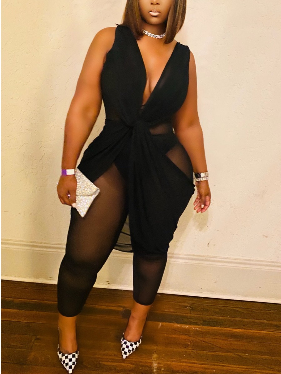 

LW SXY Plus Size Twist Front See-through Jumpsuit, Black