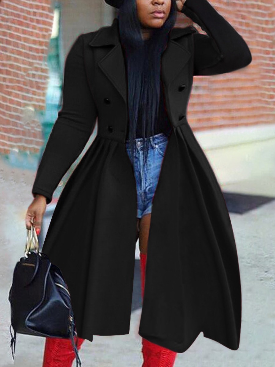 

LW Lapel Neck Ruffle Design Trench Coats, Black