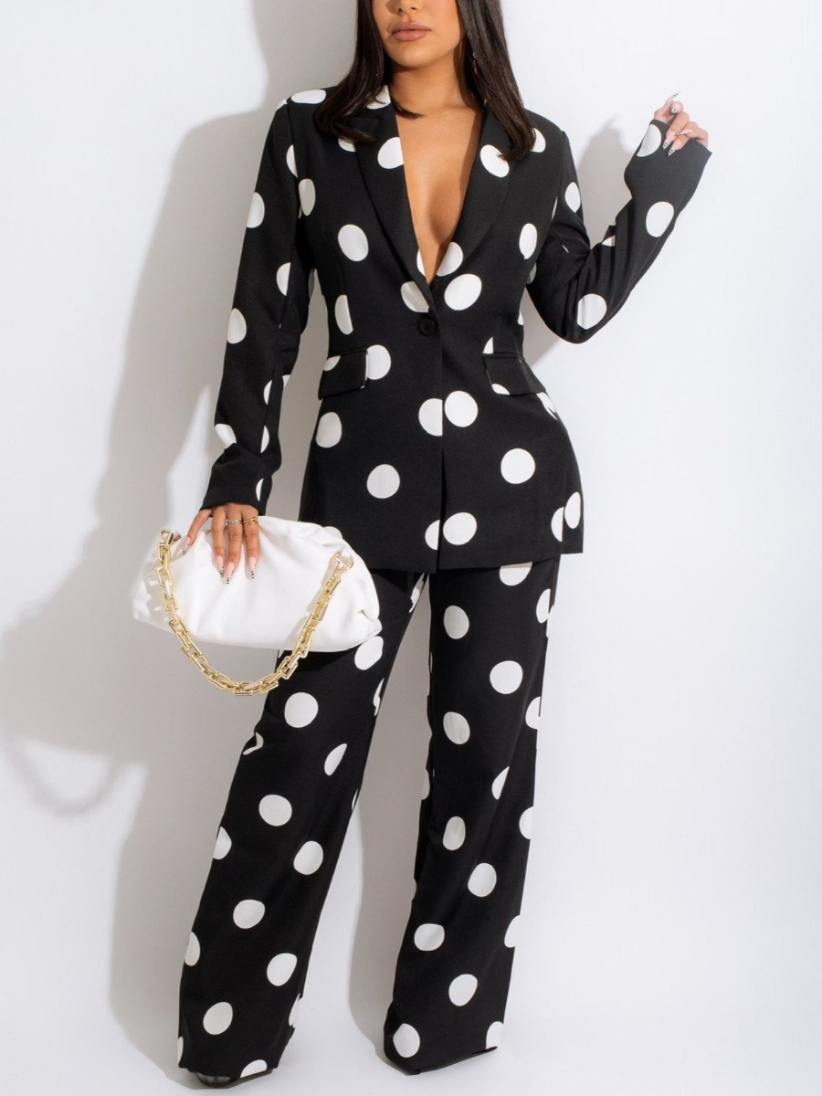

LW Dot Print Pocket Design Blazer Pants Set, Black