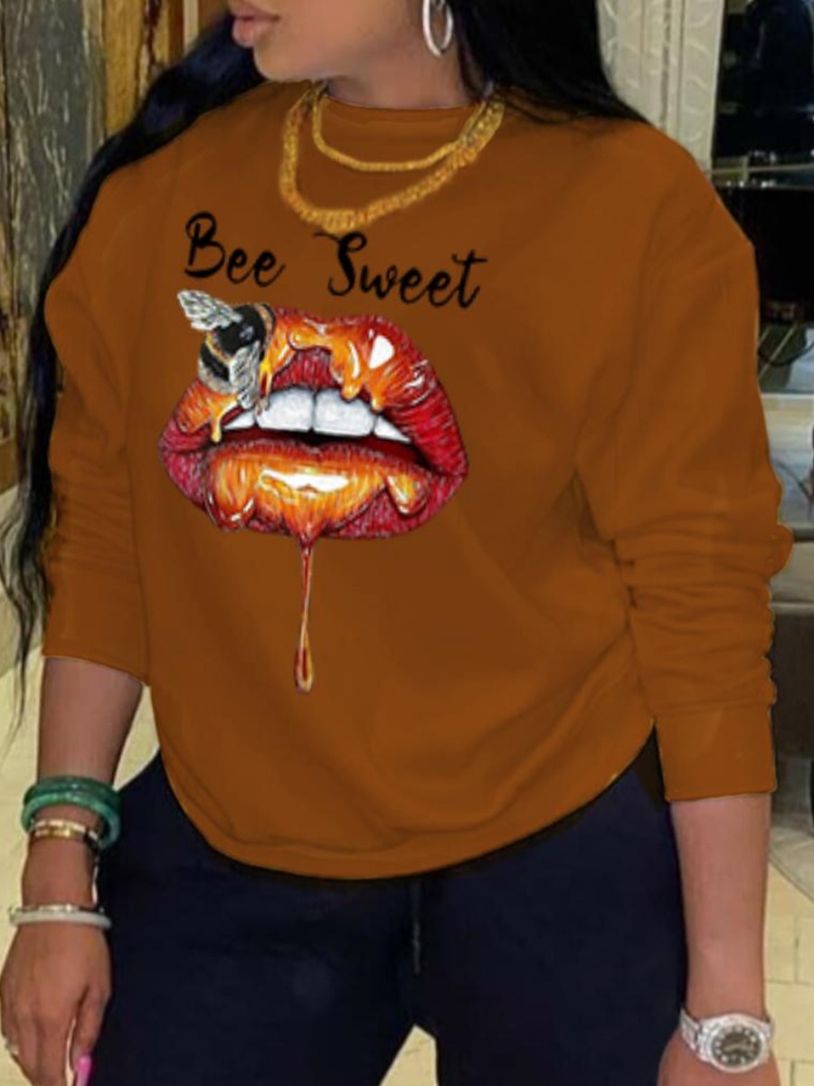 

LW Plus Size Lip Letter Print Sweatshirt, Khaki