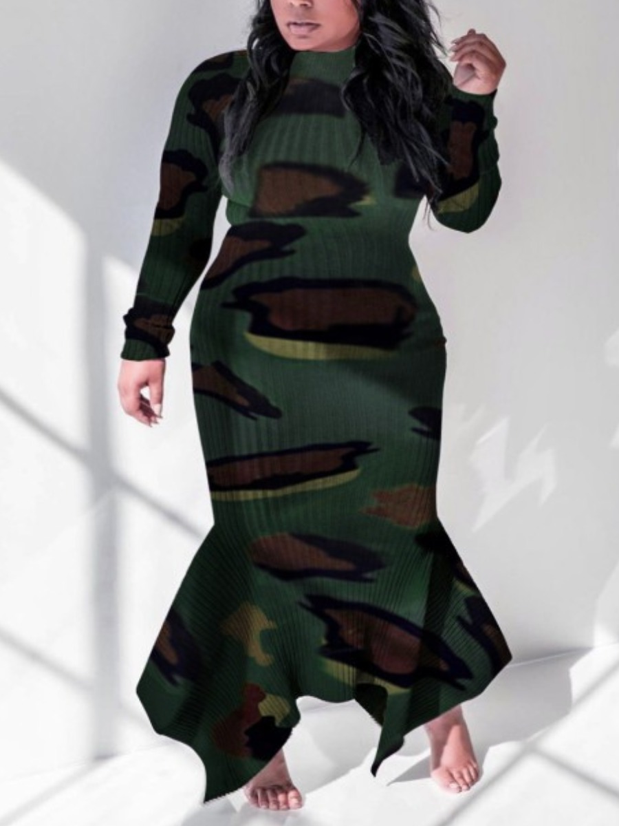 

LW Plus Size Ruffle Design Rib Knit Patchwork Dress, Camo