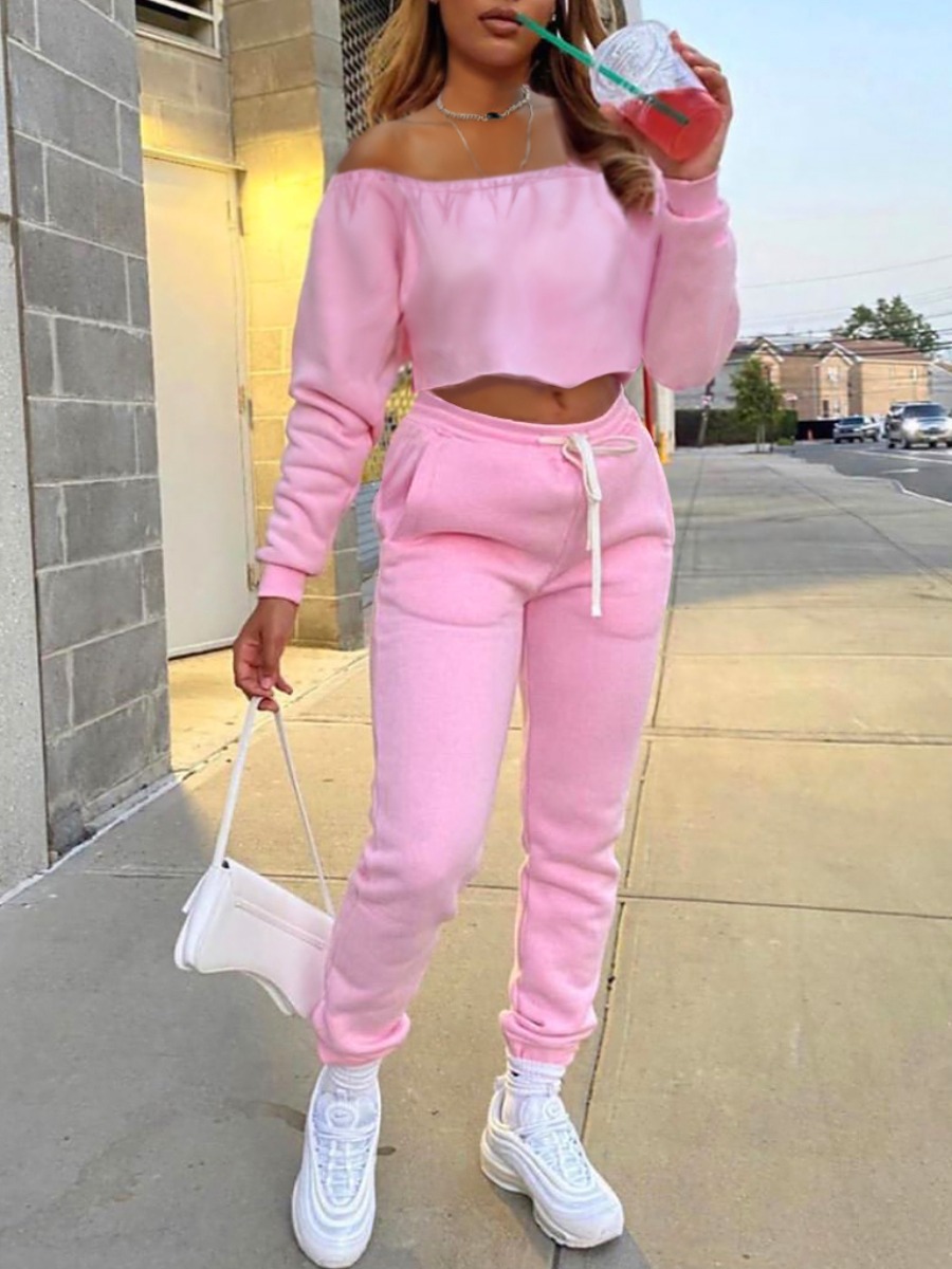 

LW Off The Shoulder Drawstring Solid Tracksuit Set, Pink