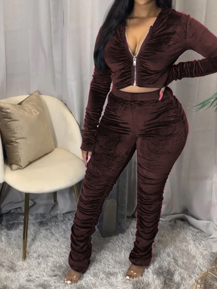 

LW Zip Up Ruched Stacked Pants Set, Coffee
