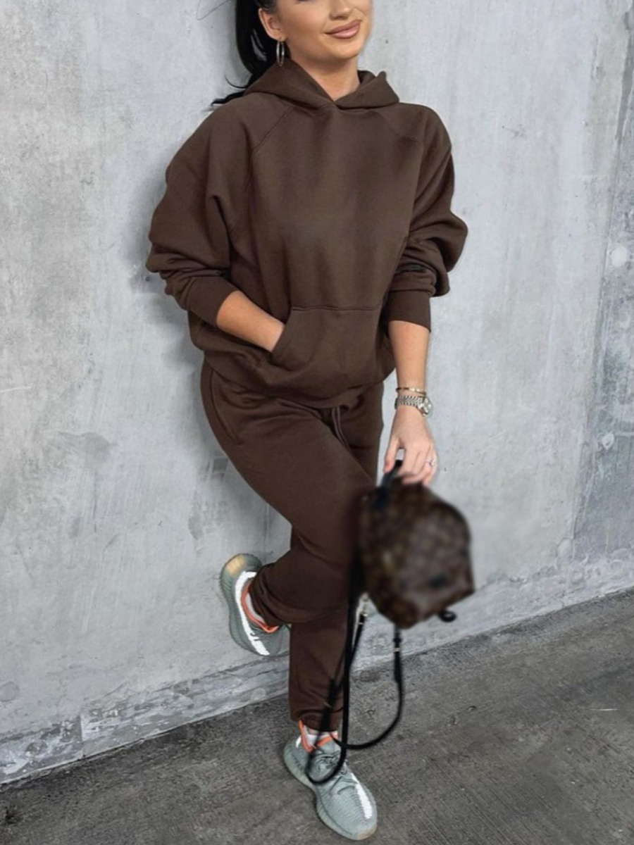 

LW BASICS Sweat Pocket Design Pullover Tracksuit Set, Coffee