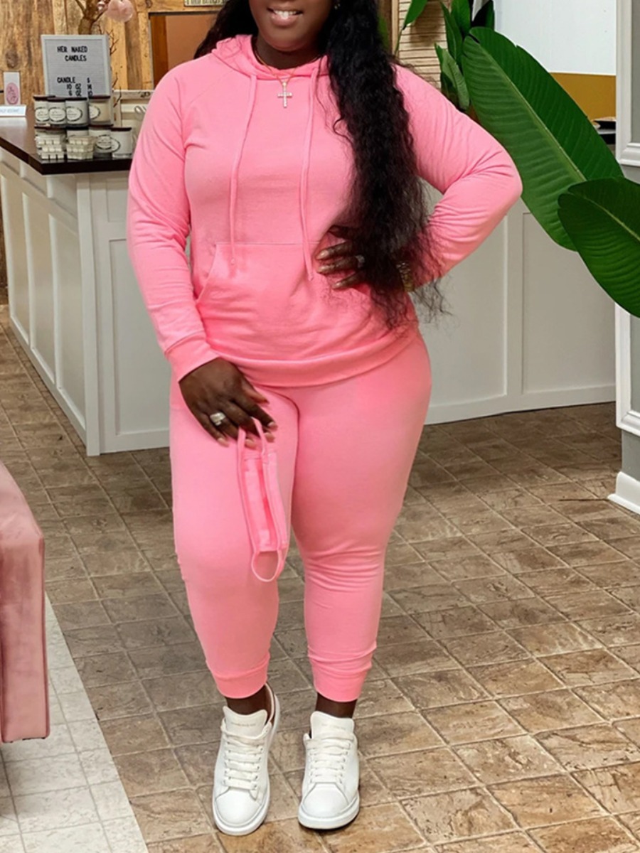 

LW Plus Size Kangaroo Pocket Tracksuit Set (With Face Mask), Light pink