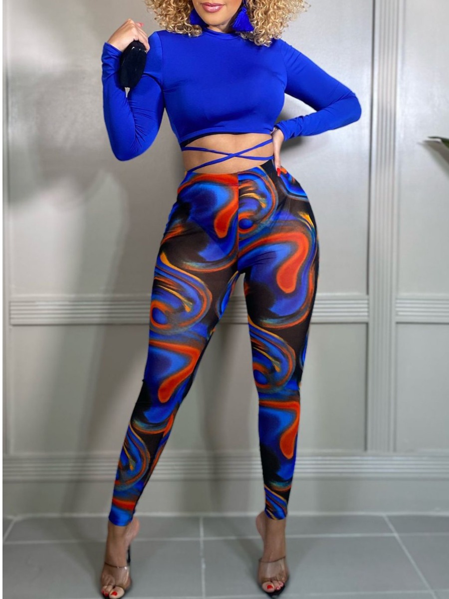 

LW SXY Mixed Print Crop Top Pants Set, Blue