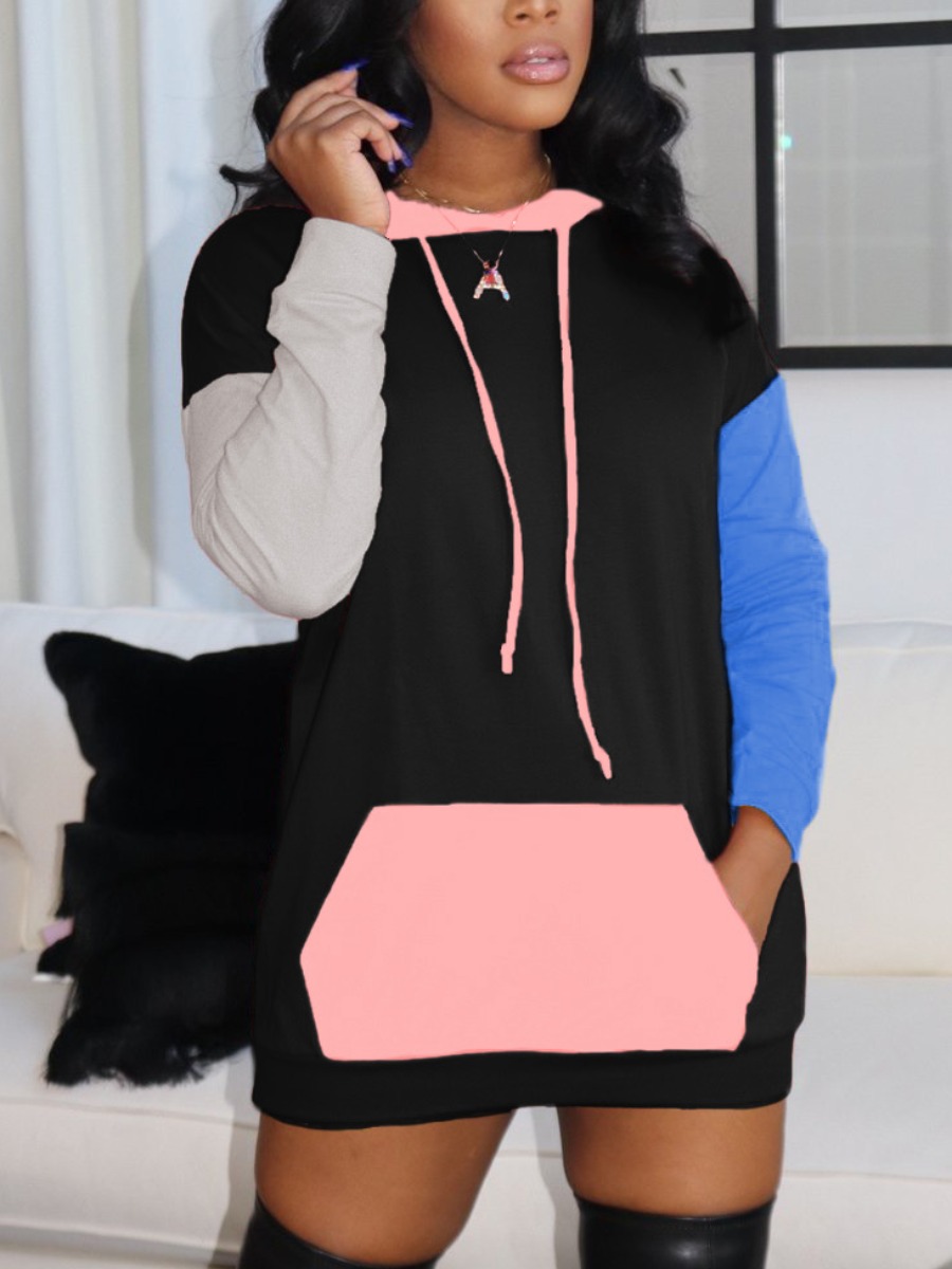 

LW Hooded Collar Patchwork Sweat Dress, Black
