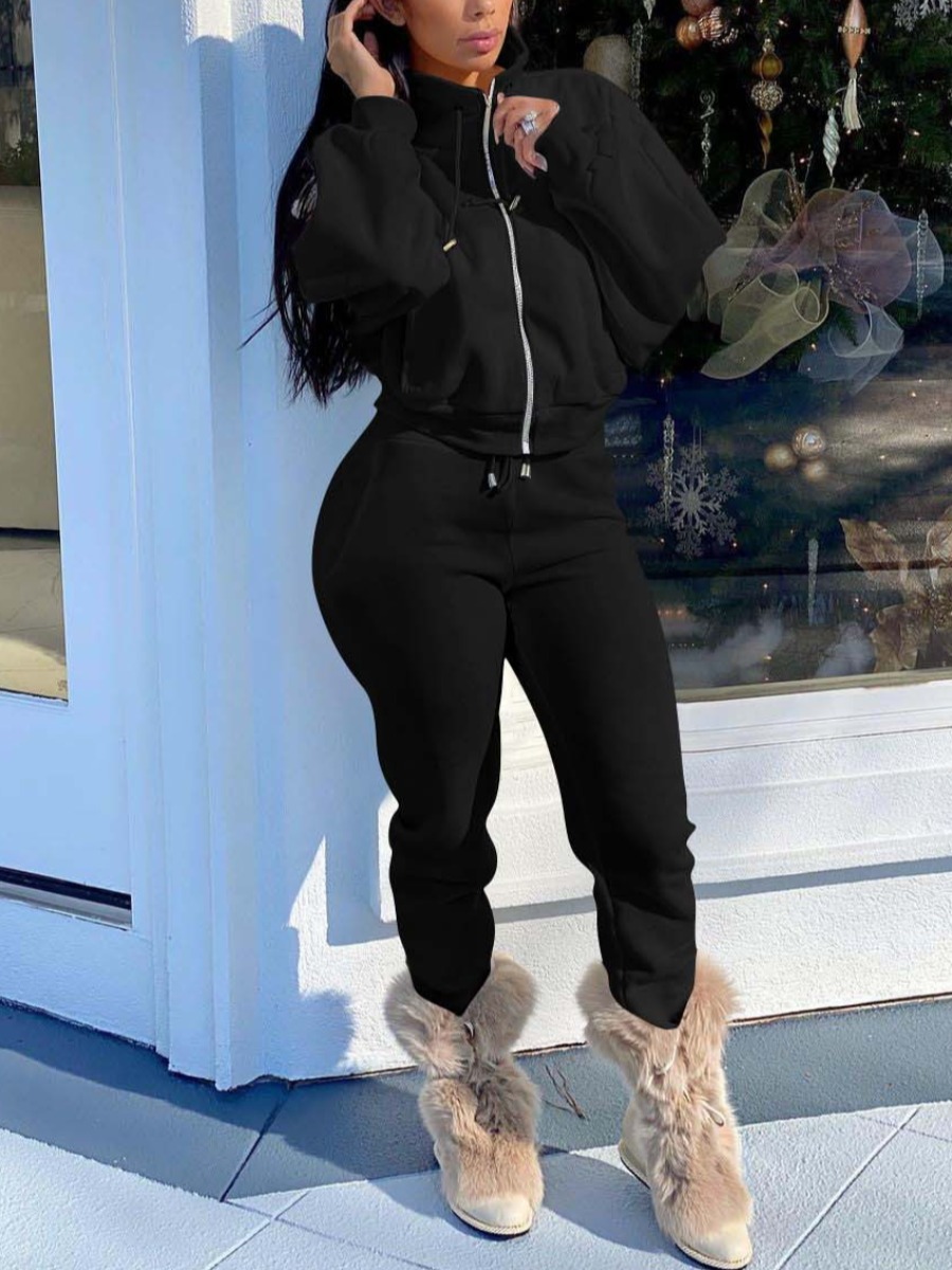 

LW Zipper Design Solid Tracksuit Set, Black