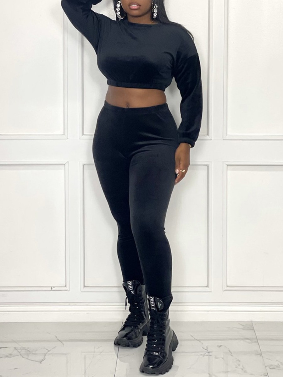 

LW BASICS Velvet Crop Skinny Pants Set, Black