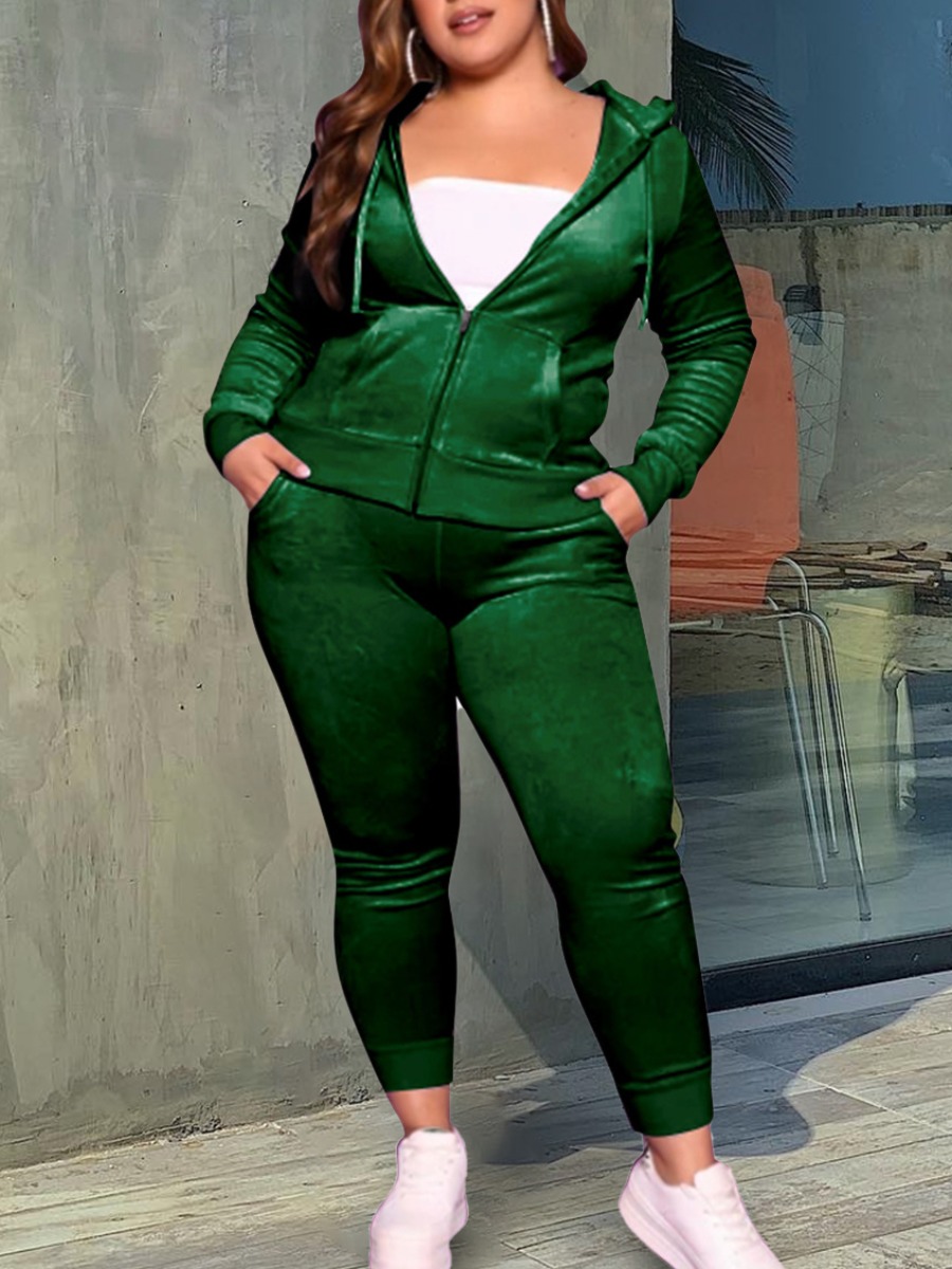LW Plus Size Velvet Zip Up Pocke Design Pants Set