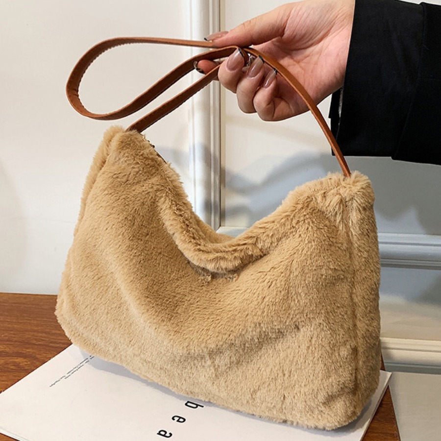 

LW Patchwork Solid Teddy Shoulder Bag, Khaki