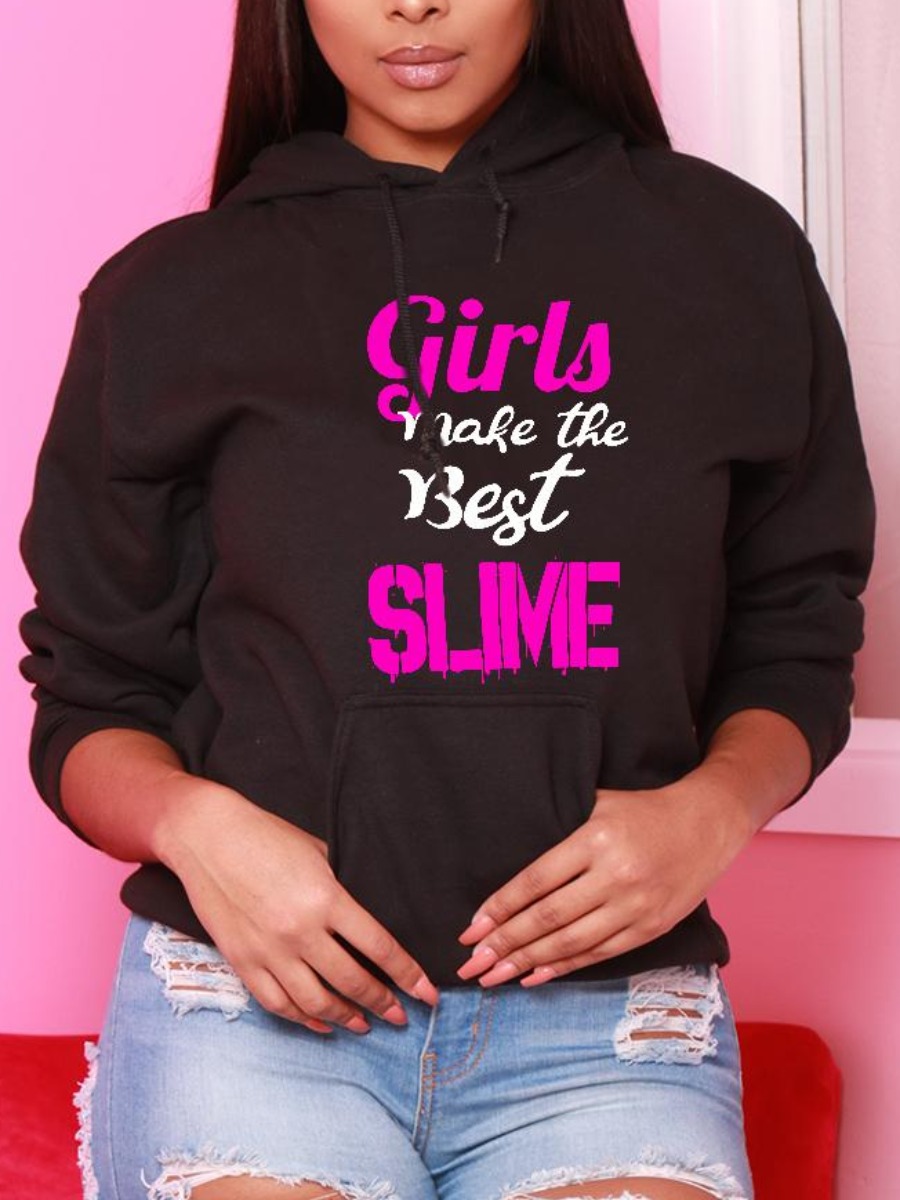

LW Letter Print Kangaroo Pocket Hoodie, Black