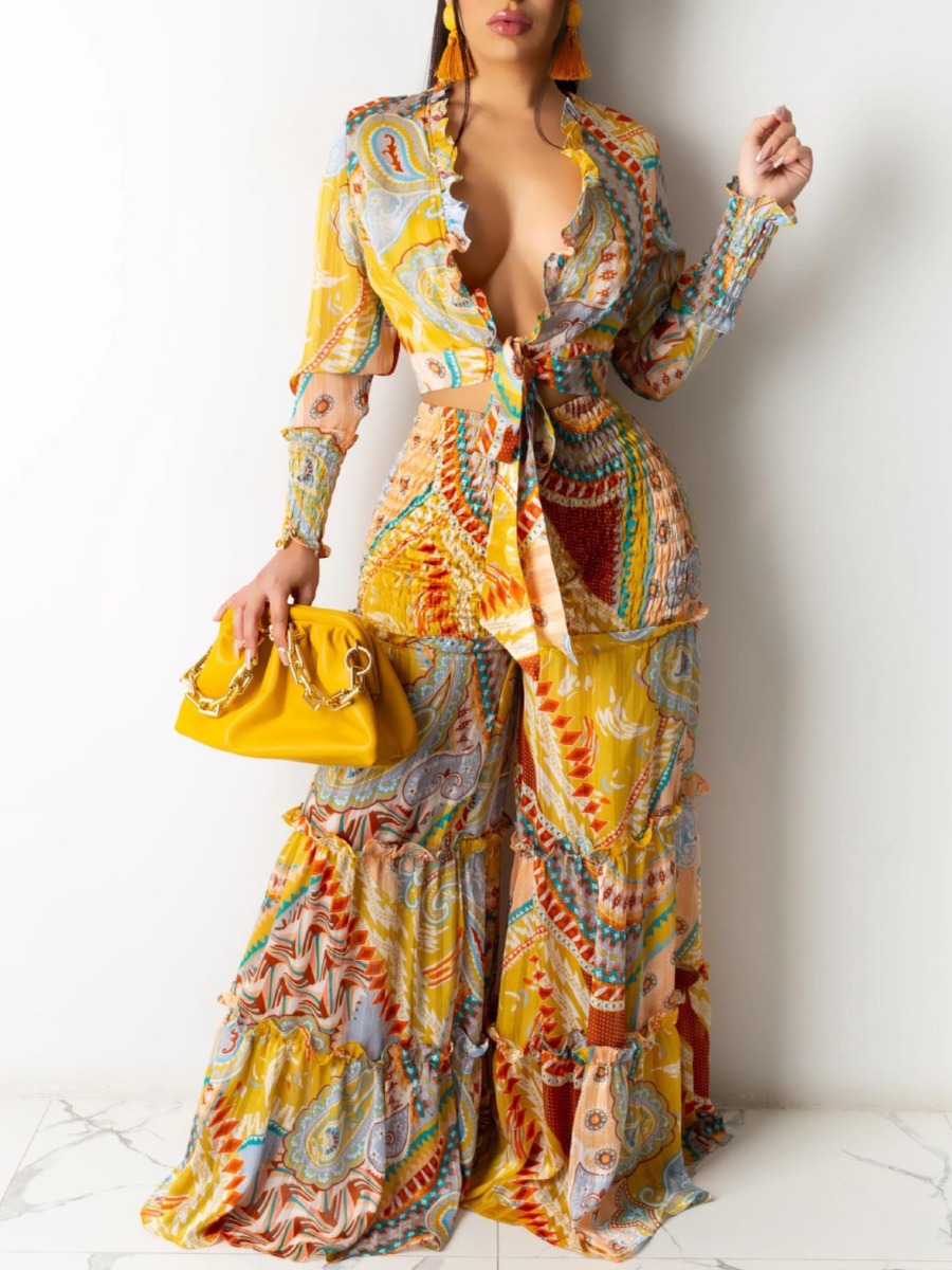 

LW SXY Mixed Print Wide Leg Pants Set, Yellow