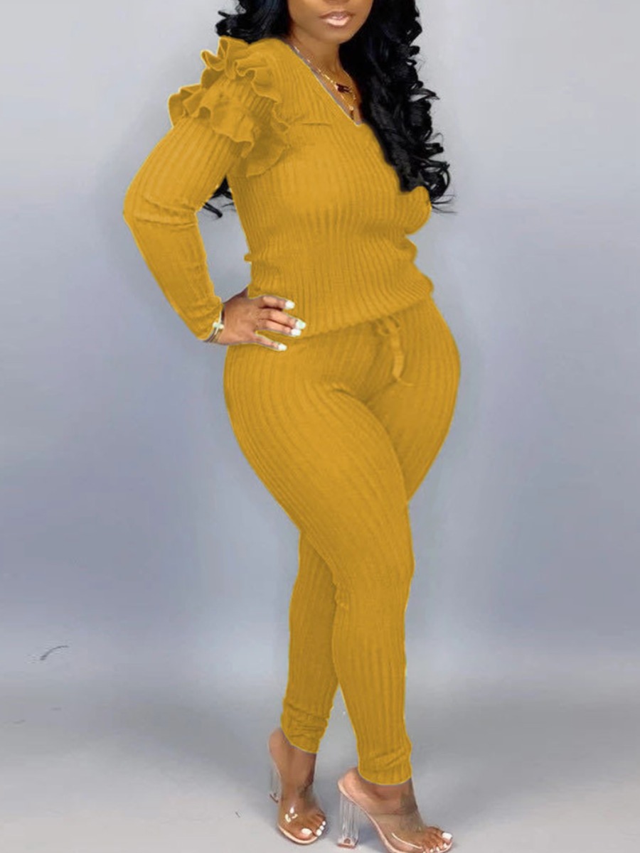 

LW Plus Size Ruffle Design Rib Knit Pants Set, Yellow