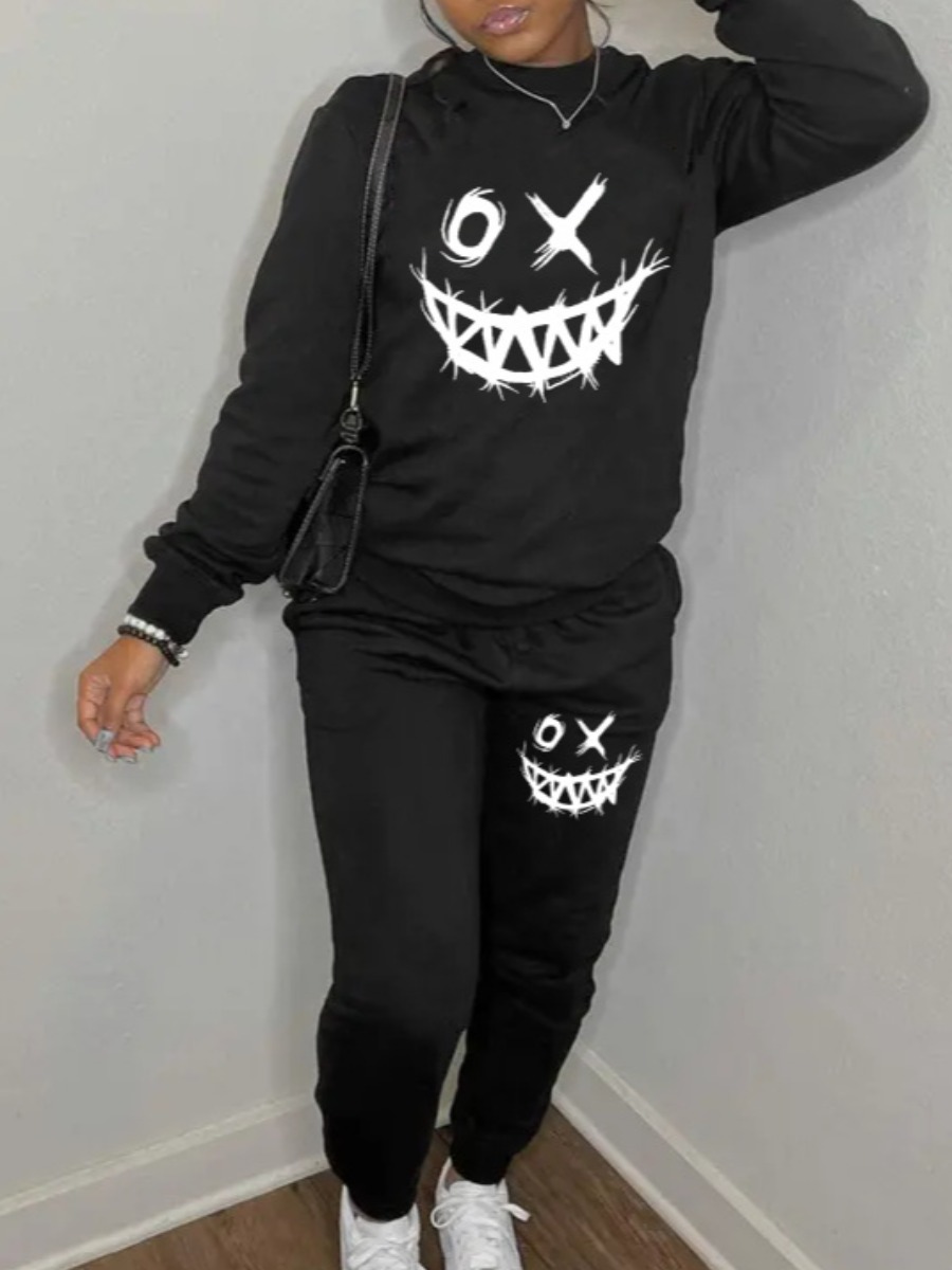 

LW Sweat Figure Pattern Pullover Pants Set, Black
